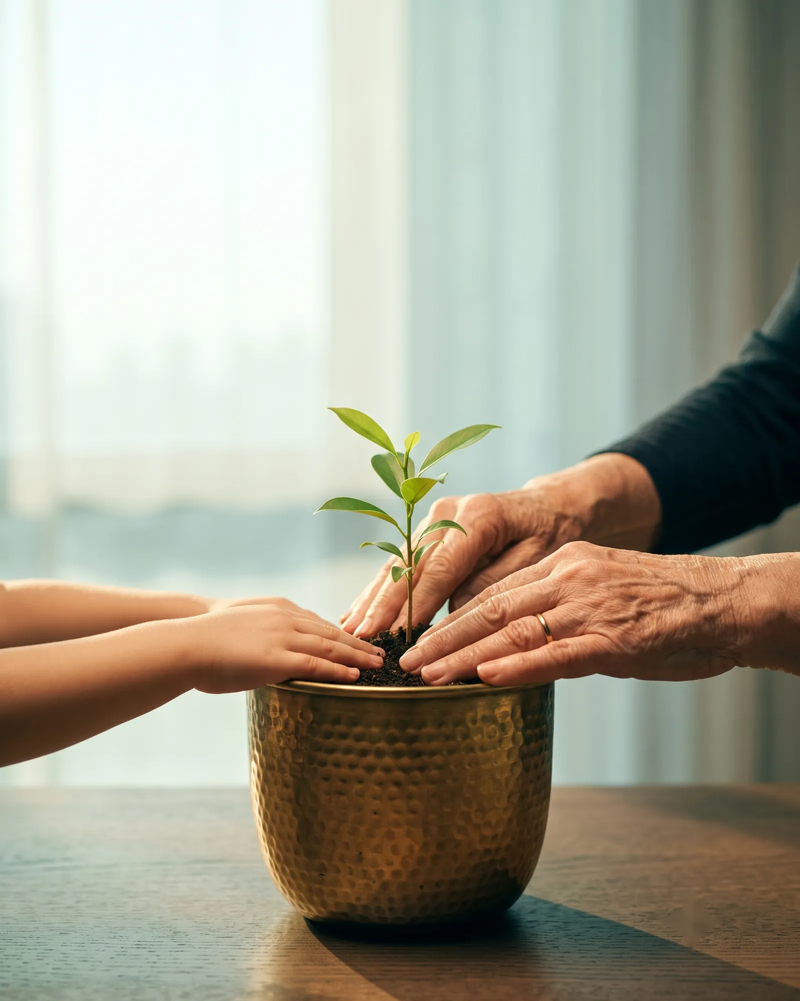 An elder's hand and a child's hand planting a young sapling in a brass pot, in morning light